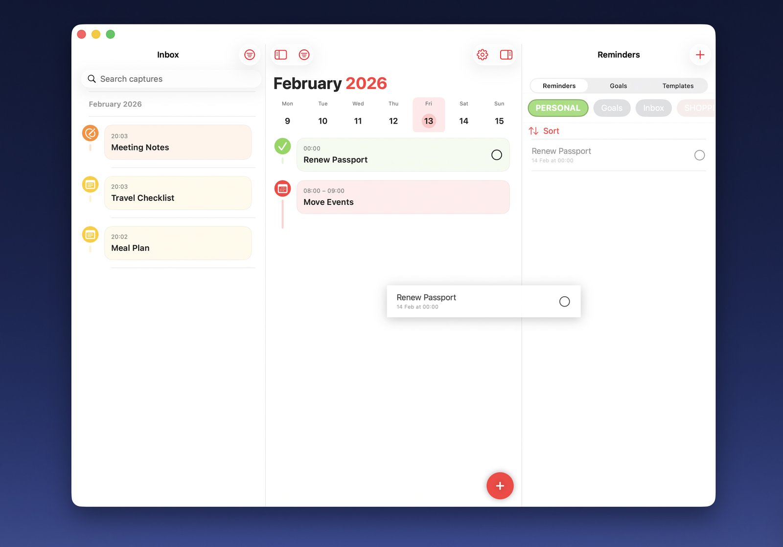InRo on Mac showing the weekly timeline with Meeting Notes, Travel Checklist, and Meal Plan alongside the reminders panel with Renew Passport