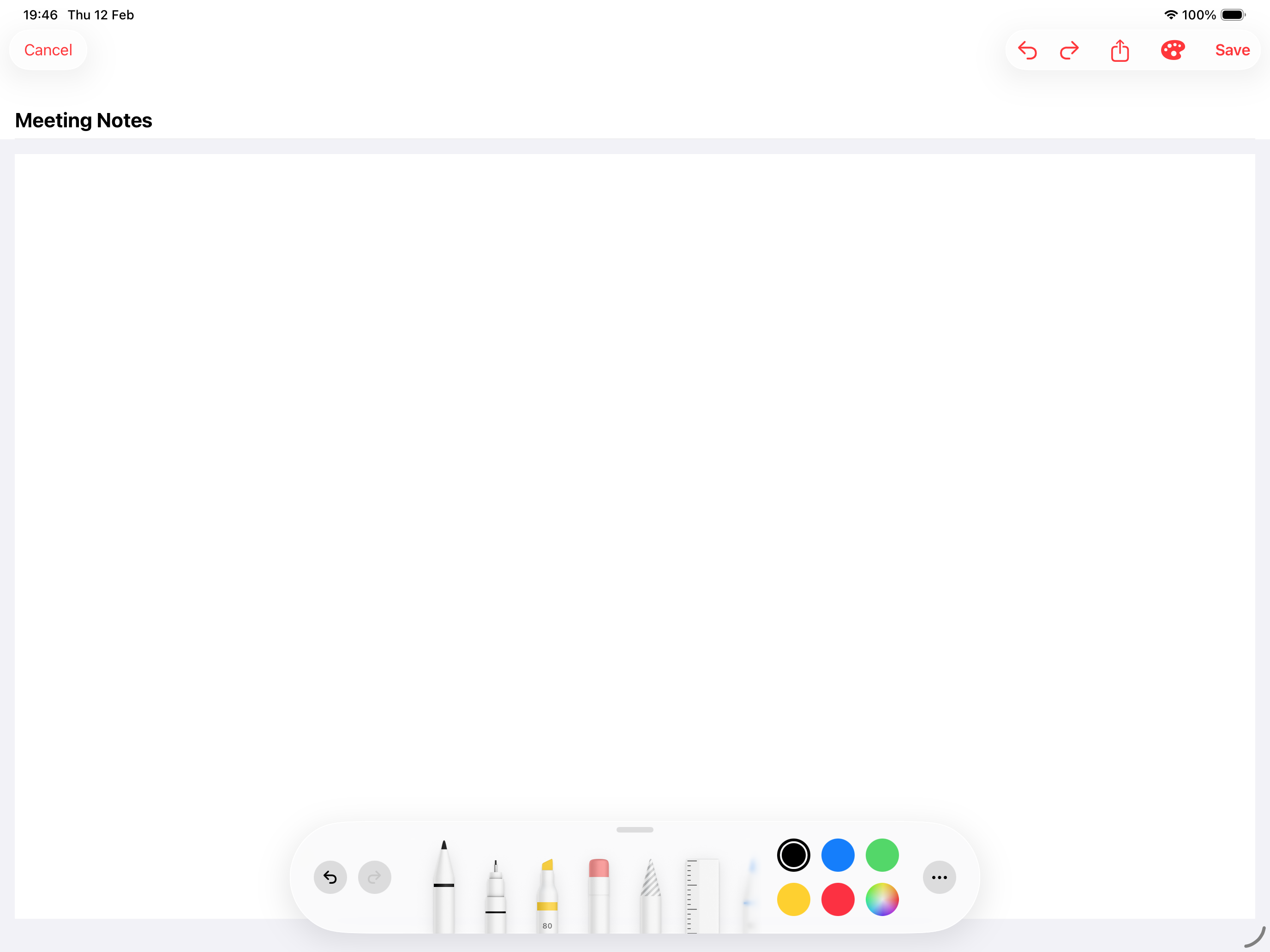 InRo on iPad showing the drawing canvas with Apple Pencil tools for Meeting Notes